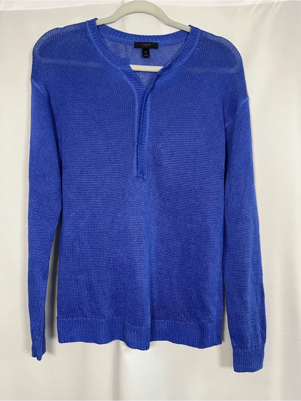 J. Crew 100% linen blue slit neck beach sweater relaxed fit size XS